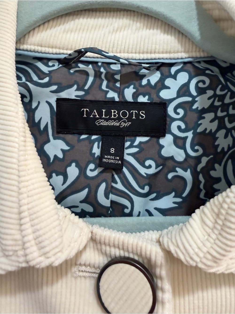 Talbots Vintage Style Ivory Corduroy Button Front Jacket Blue Damask Lining Sz 8 - Picture 7 of 11